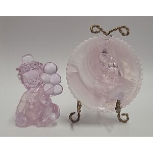 Vtg Mosser Glass Pee Wee Clown S Cranberry Ice w. Matching All the World Plate